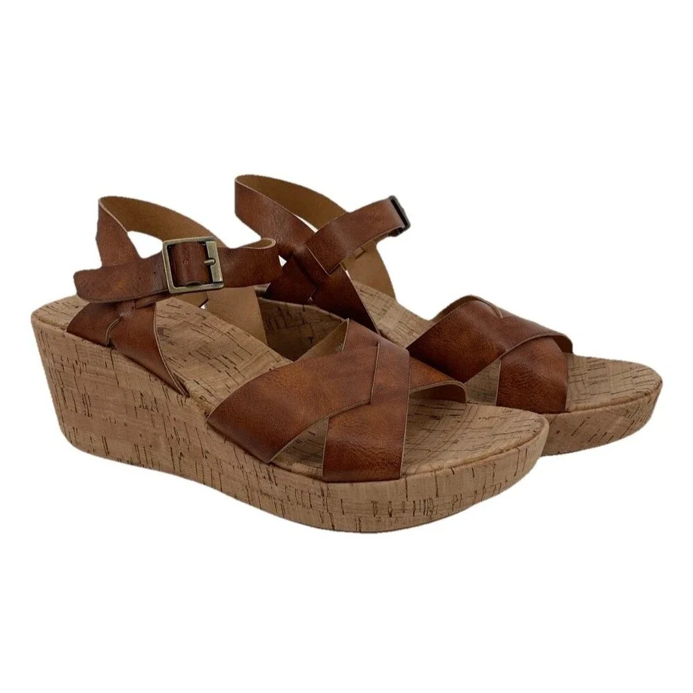 Korks Denica Crisscross Tan Faux Leather Cork Platform Wedge Boho Sandals 9M